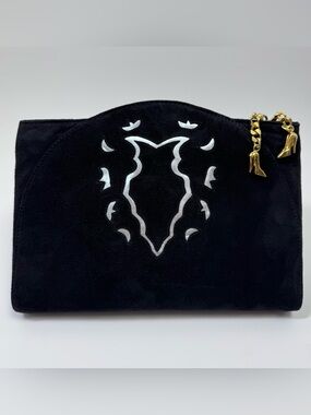 Vintage Maud Frizon Paris Black Suede Clutch w/ Stiletto Heel Charms